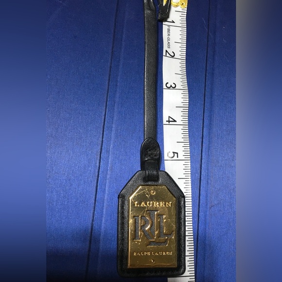 RALPH LAUREN Black Leather Gold Tone Metal KEY FOB BAG CHARM KEYCHAIN HANG TAG - Picture 2 of 7